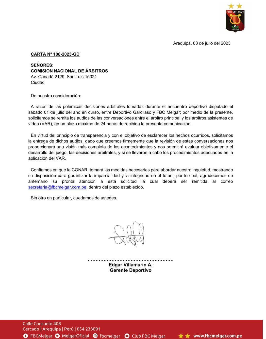 Melgar solicitó audio del VAR, tras partido contra Garcilaso. (Foto: @calobeto11)