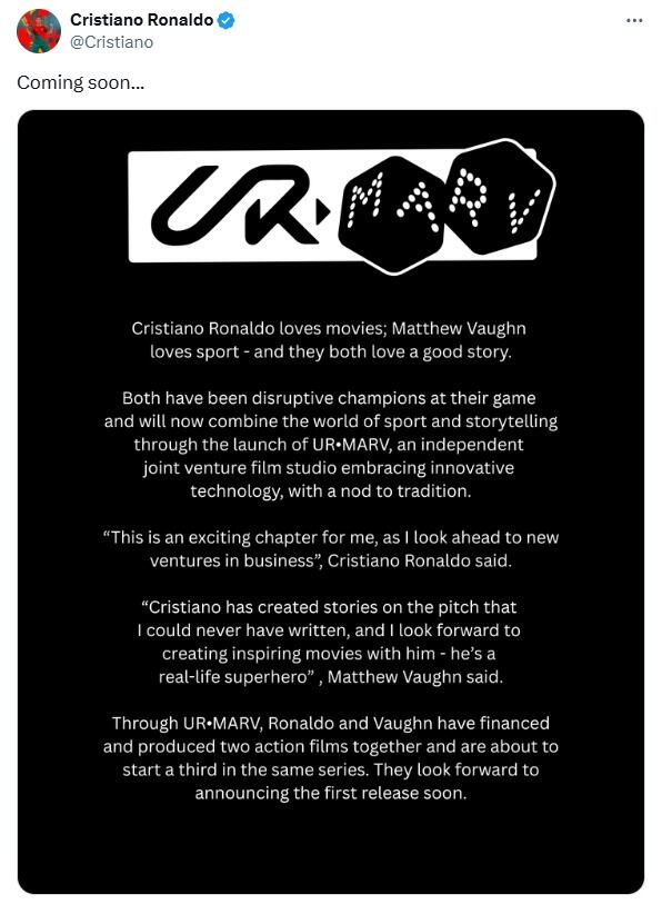 Cristiano Ronaldo anunció el lanzamiento de su nueva productora. (Foto: @Cristiano)