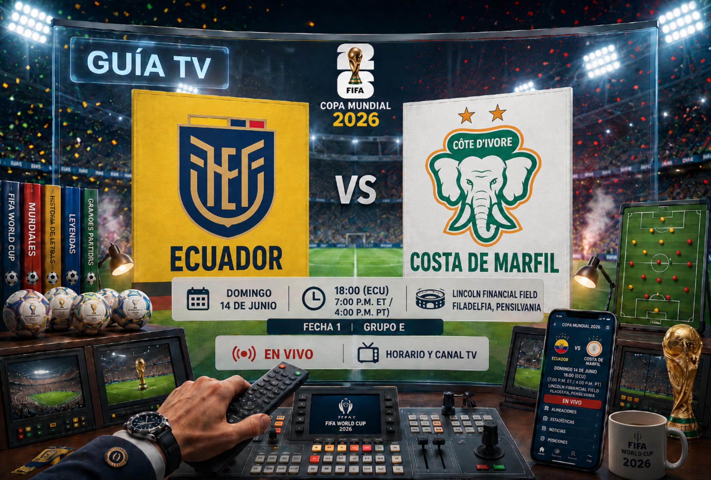 FILADELFIA, PENSILVANIA (ESTADOS UNIDOS), 14/06/2026.- Lista de horarios y canales de televisión en diferentes países del mundo para ver Ecuador vs. Costa de Marfil EN VIVO GRATIS y ONLINE hoy por la fecha 1 del grupo E del Mundial 2026 en el Estadio Lincoln Financial Field de Filadelfia, Pensilvania. FOTO DE NOÉ YACTAYO