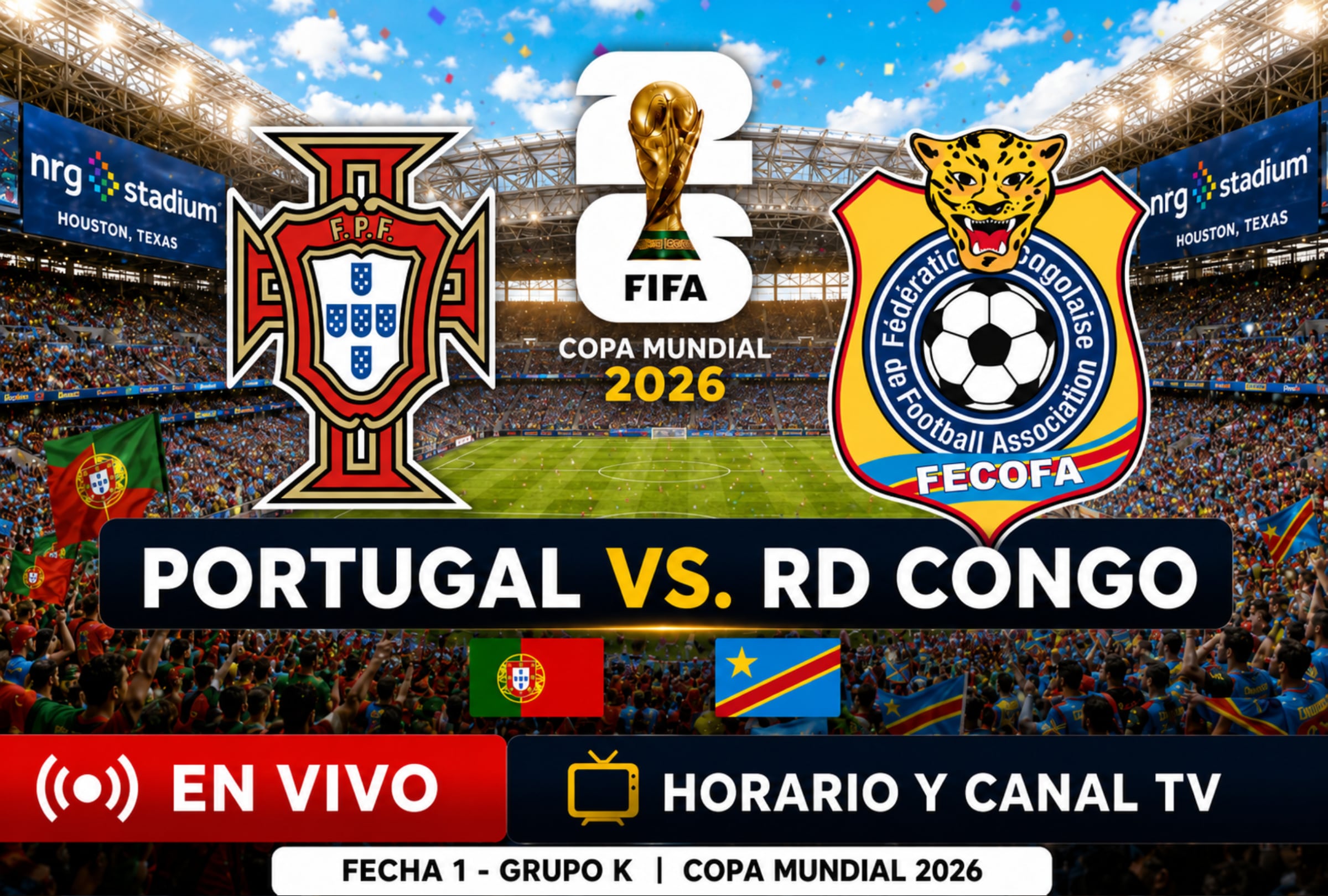 HOUSTON, TEXAS (ESTADOS UNIDOS), 17/06/2026.- Lista de canales de televisión y servicios streaming para ver el partido Portugal vs. RD Congo EN VIVO GRATIS ONLINE hoy por la fecha 1 del grupo K del Mundial 2026 con la presencia de Cristiano Ronaldo en el NRG Stadium de Houston, Texas. FOTO DE NOÉ YACTAYO