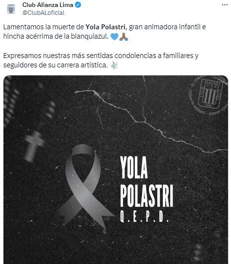 El sentido mensaje de Alianza Lima tras el fallecimiento de Yola Polastri. (Alianza Lima)