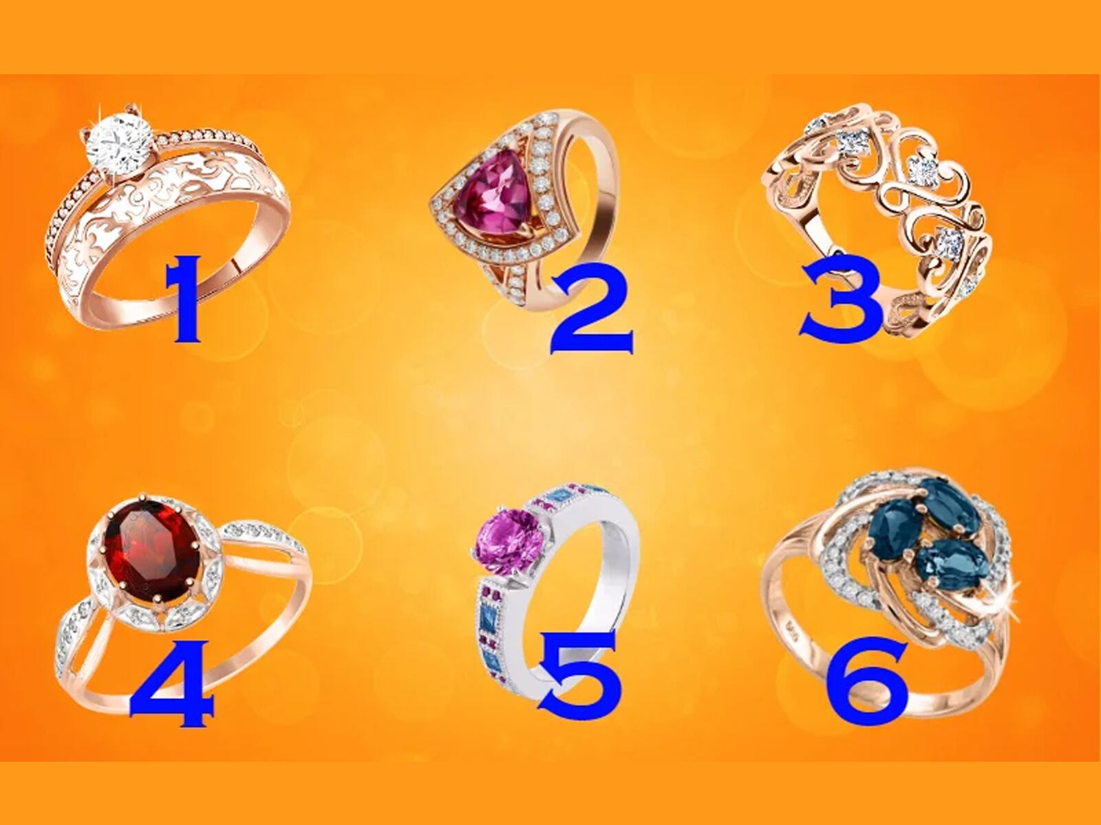 Observa atentamente los seis anillos que se presentan en la imagen y elige aquel que más te llame la atención. Tu elección te revelará aspectos sorprendentes de tu personalidad, tu forma de ser y tu esencia como mujer. ¡Anímate a participar y conoce más sobre ti misma!