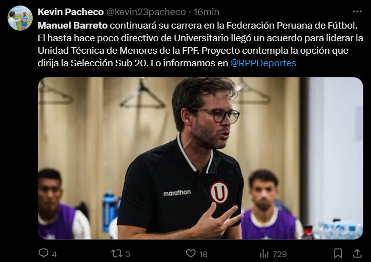 Manuel Barreto asumiría también dirección técnica de la Sub-20. (Foto: Captura @kevin23pacheco)