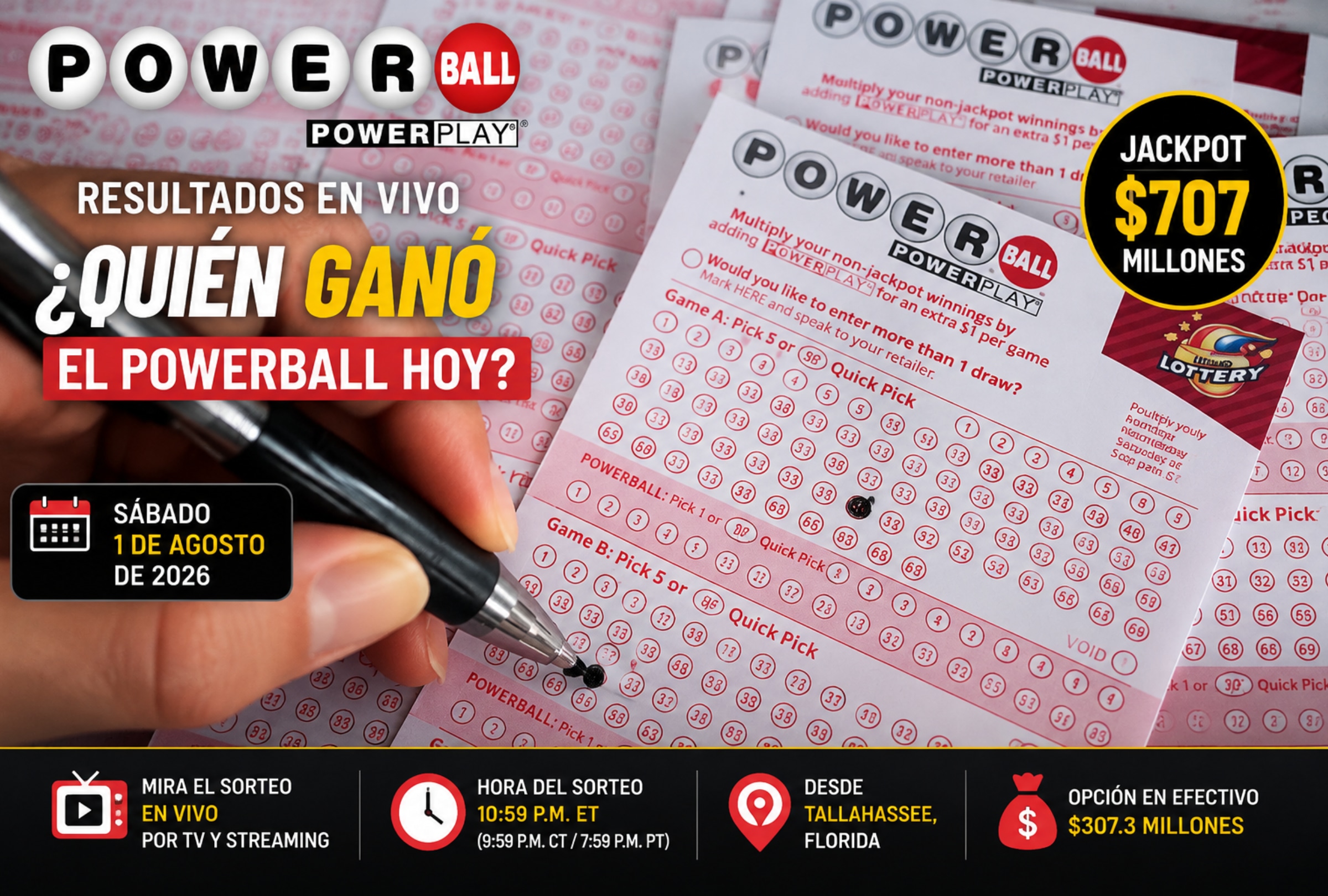 TALLAHASSEE, FLORIDA (ESTADOS UNIDOS), 01/08/2026.- Mira quién ganó el Powerball del sábado y revisa la combinación que participa por un premio mayor estimado de $707 millones. FOTO DE NOÉ YACTAYO