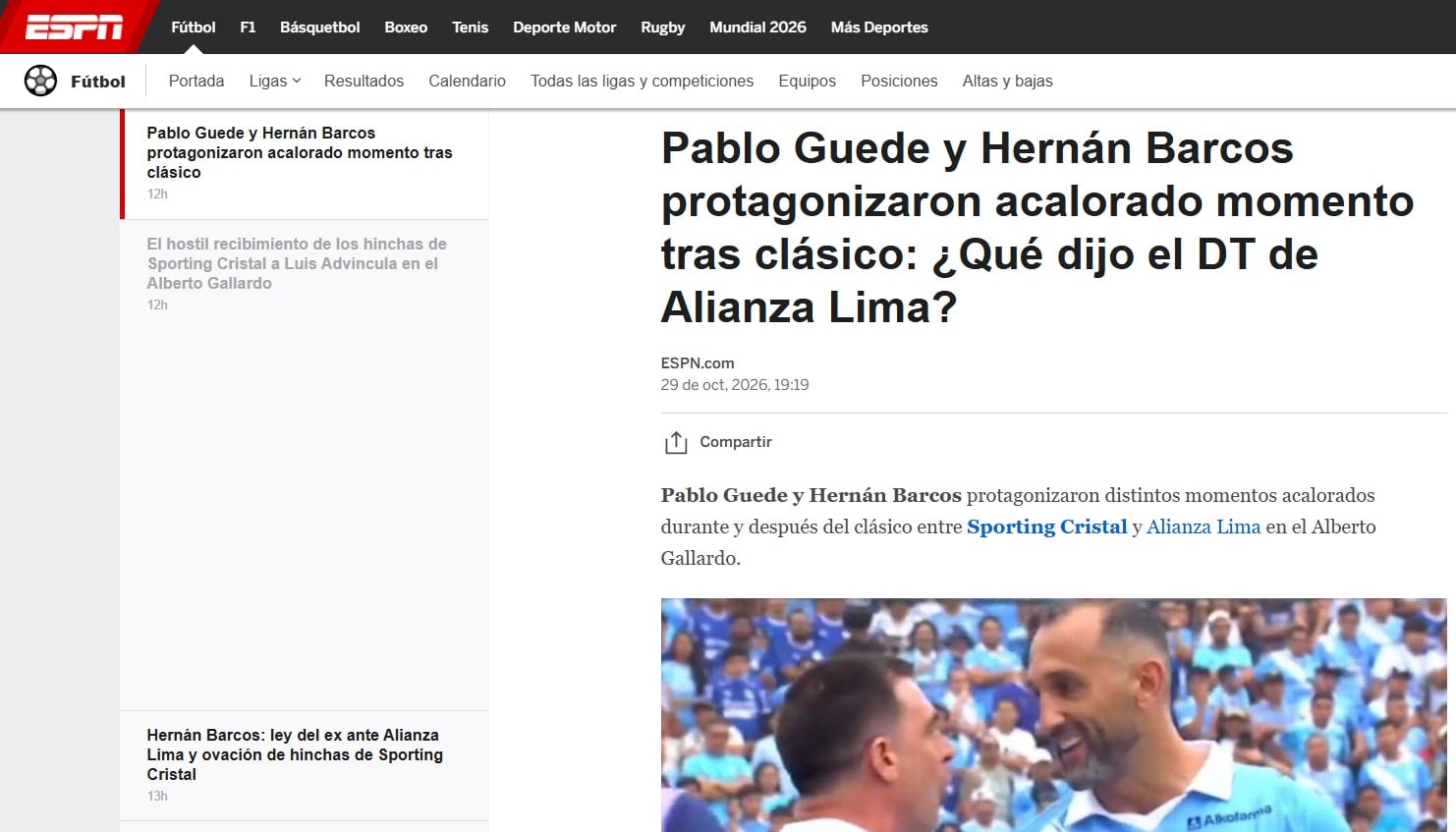 La reacción de la prensa internacional al cruce de Pablo Guede con Hernán Barcos. (Foto: ESPN)