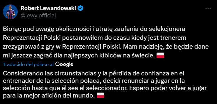 Robert Lewandowski anunció su renuncia a la selección de su país por redes sociales.