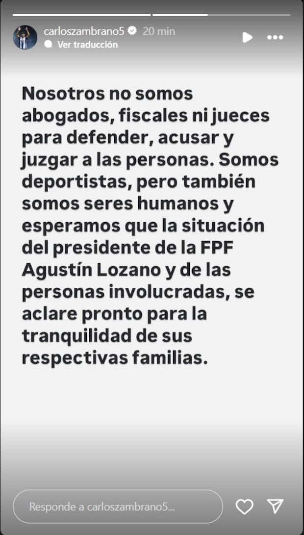 Comunicado de Carlos Zambrano vía redes sociales tras detención de Agustín Lozano. (Foto: Captura de Instagram).