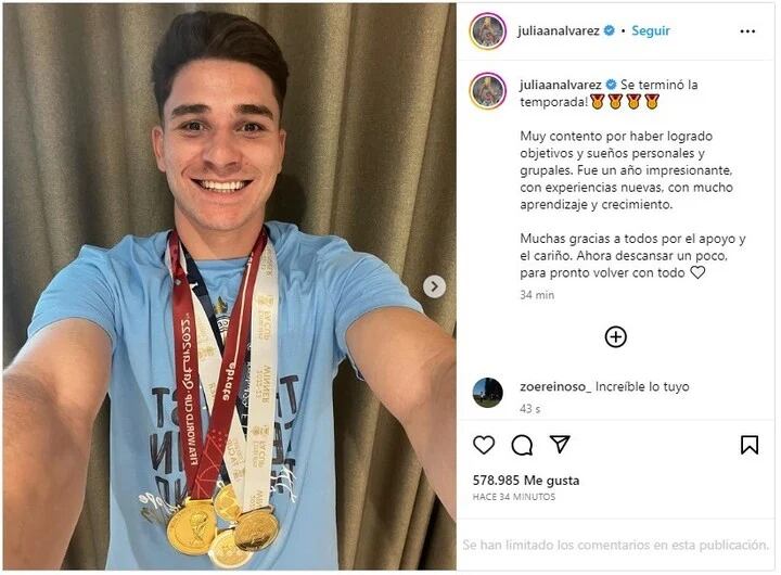 Julián Álvarez culminó su primera temporada en Europa. (Foto: Instagram)