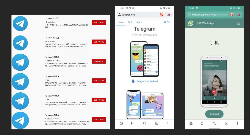 Canales falsos disponibles en YouTube y sitios web que se hacen pasar por Telegram y WhatsApp