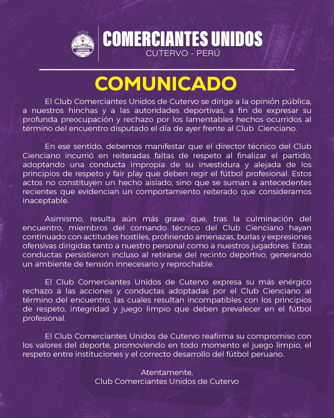 Comunicado completo de Comerciantes Unidos en sus redes sociales. (Foto: CU)