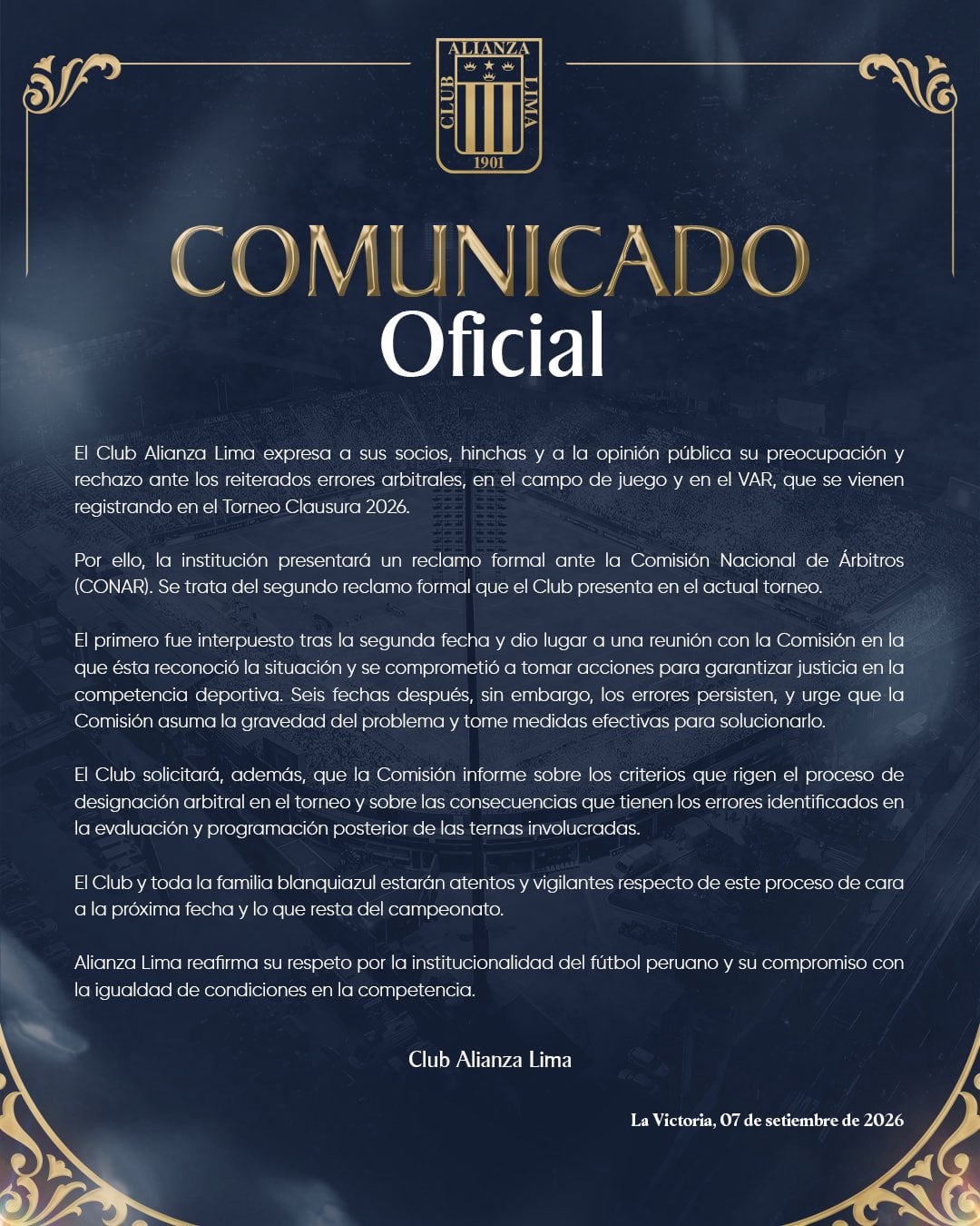 El comunicado de Alianza Lima sobre las polémicas arbitrales en el campeonato. (Imagen: Alianza Lima)