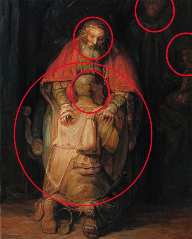 DESAFÍO VISUAL | Las cinco caras están encerradas en círculos rojos, y la más complicada está en la espalda del hombre arrodillado. | Oleg Shupliak