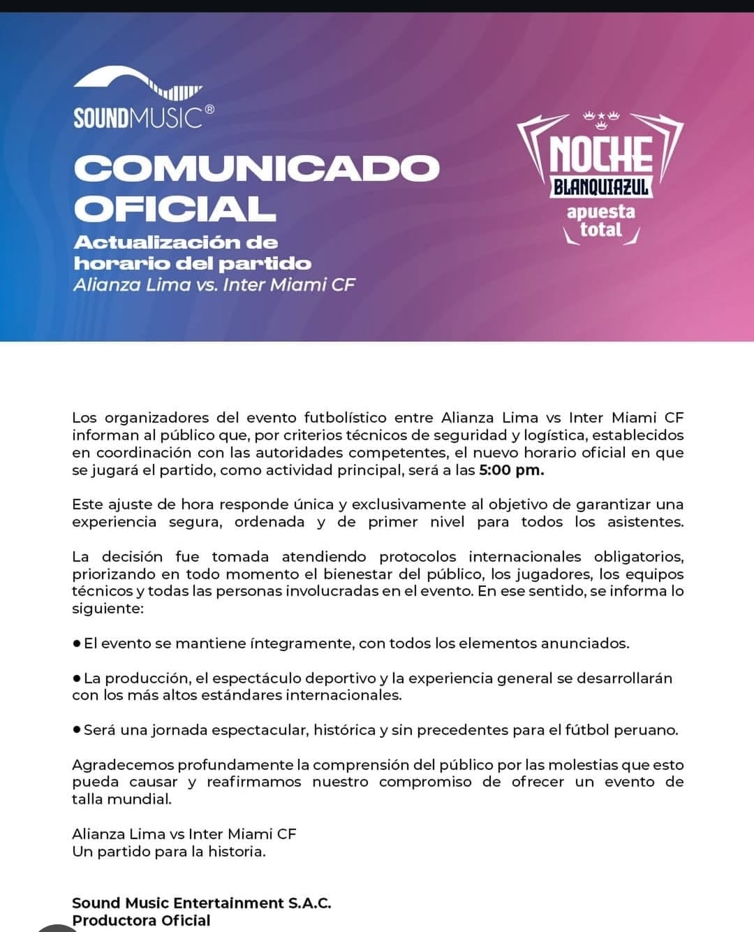 Comunicado oficial para la Noche Blanquiazul 2026 | Foto: SoundMusic