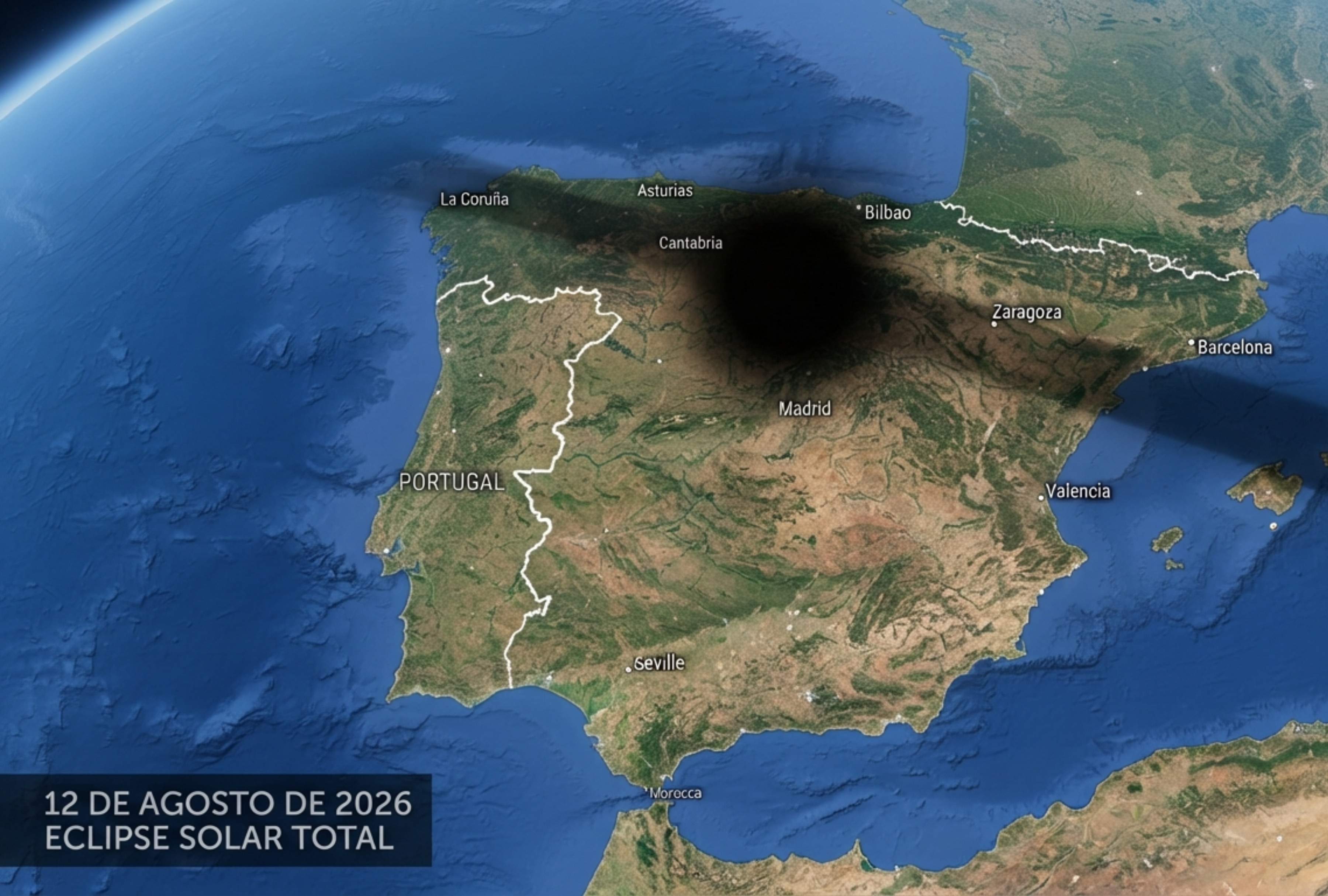 Mapa interactivo con la trayectoria del eclipse solar total en España este 12 de agosto. Revisa la franja de totalidad que cruza la península de noroeste a este y comprueba qué comunidades verán el oscurecimiento completo. | Imagen referencial creada por Depor usando la IA de Gemini / GEC