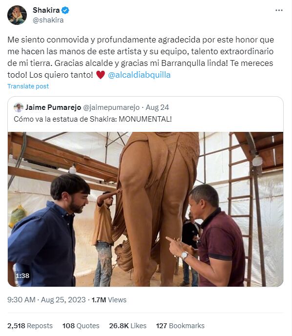 La colombiana recibió un homenaje en su natal Shakira (Foto: Shakira / X)