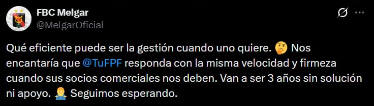 Respuesta de FBC Melgar en contra de la FPF. (Foto: Captura X)