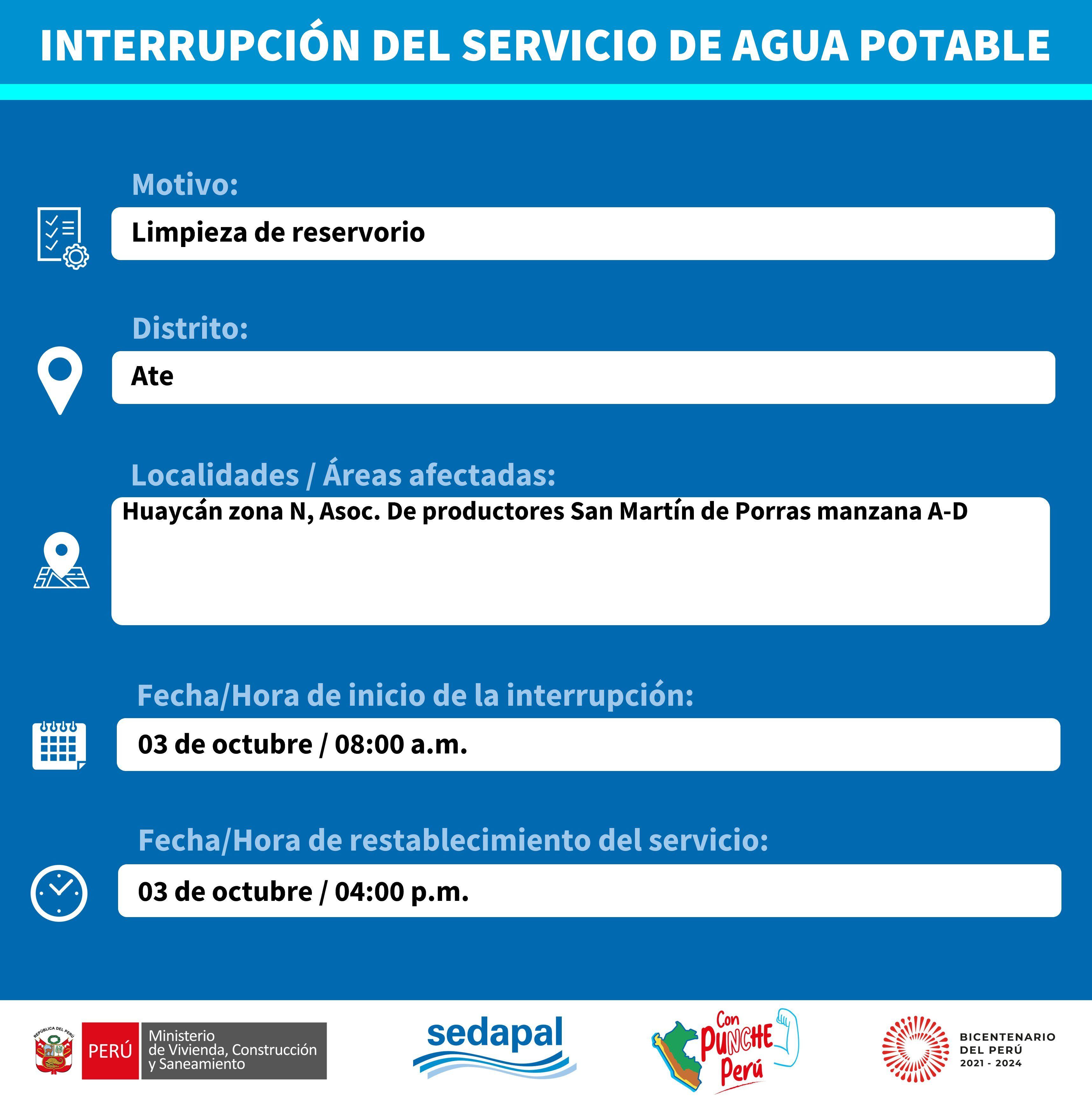 Cortes de agua programados por Sedapal para el martes 3 de octubre. (Foto: Twitter)