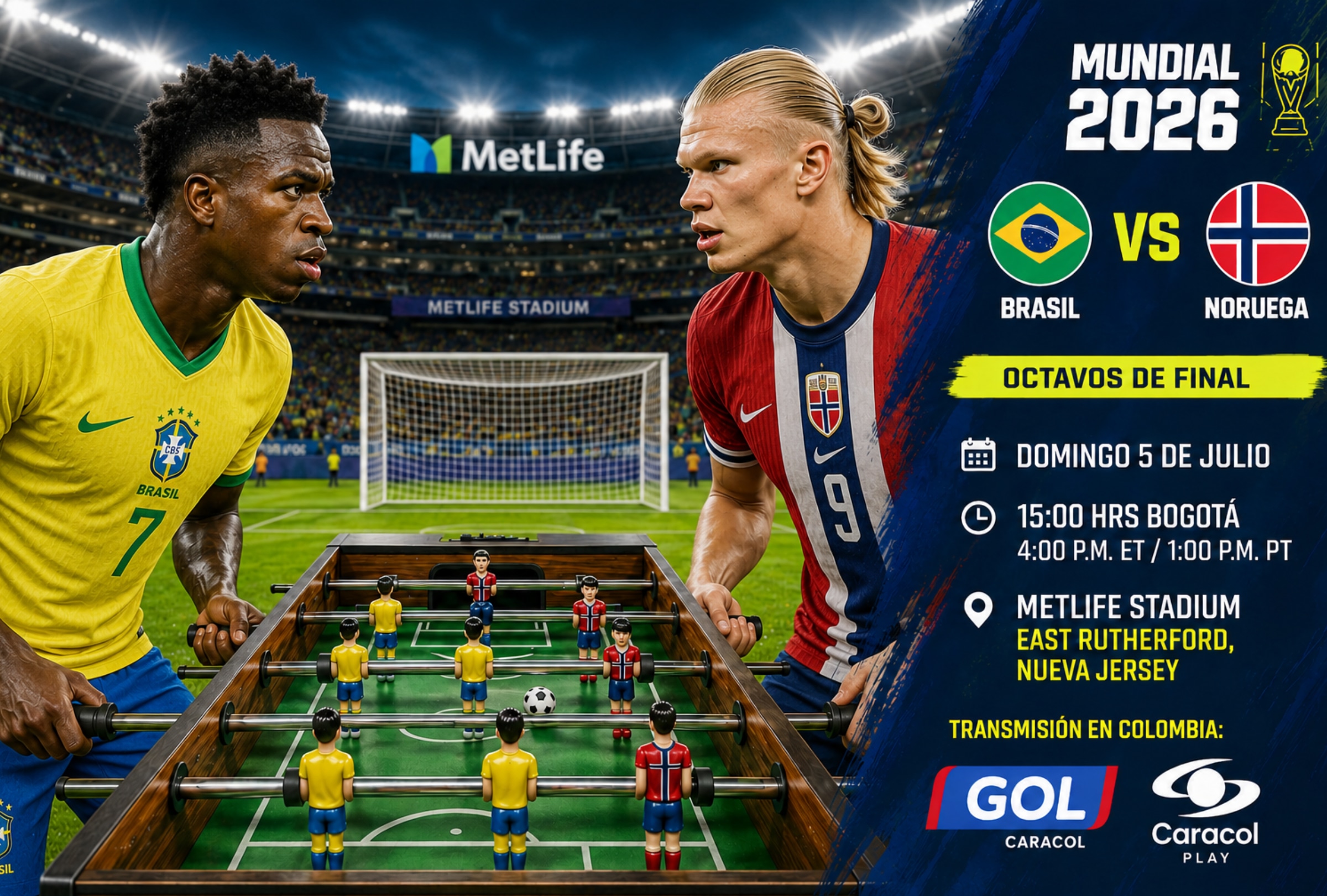 EAST RUTHERFORD, NUEVA JERSEY (ESTADOS UNIDOS), 05/07/2026.- Cobertura oficial de GOL CARACOL EN VIVO GRATIS para ver el partido Brasil vs. Noruega hoy por los octavos de final del Mundial 2026 en el MetLife Stadium de East Rutherford, Nueva Jersey. FOTO DE NOÉ YACTAYO