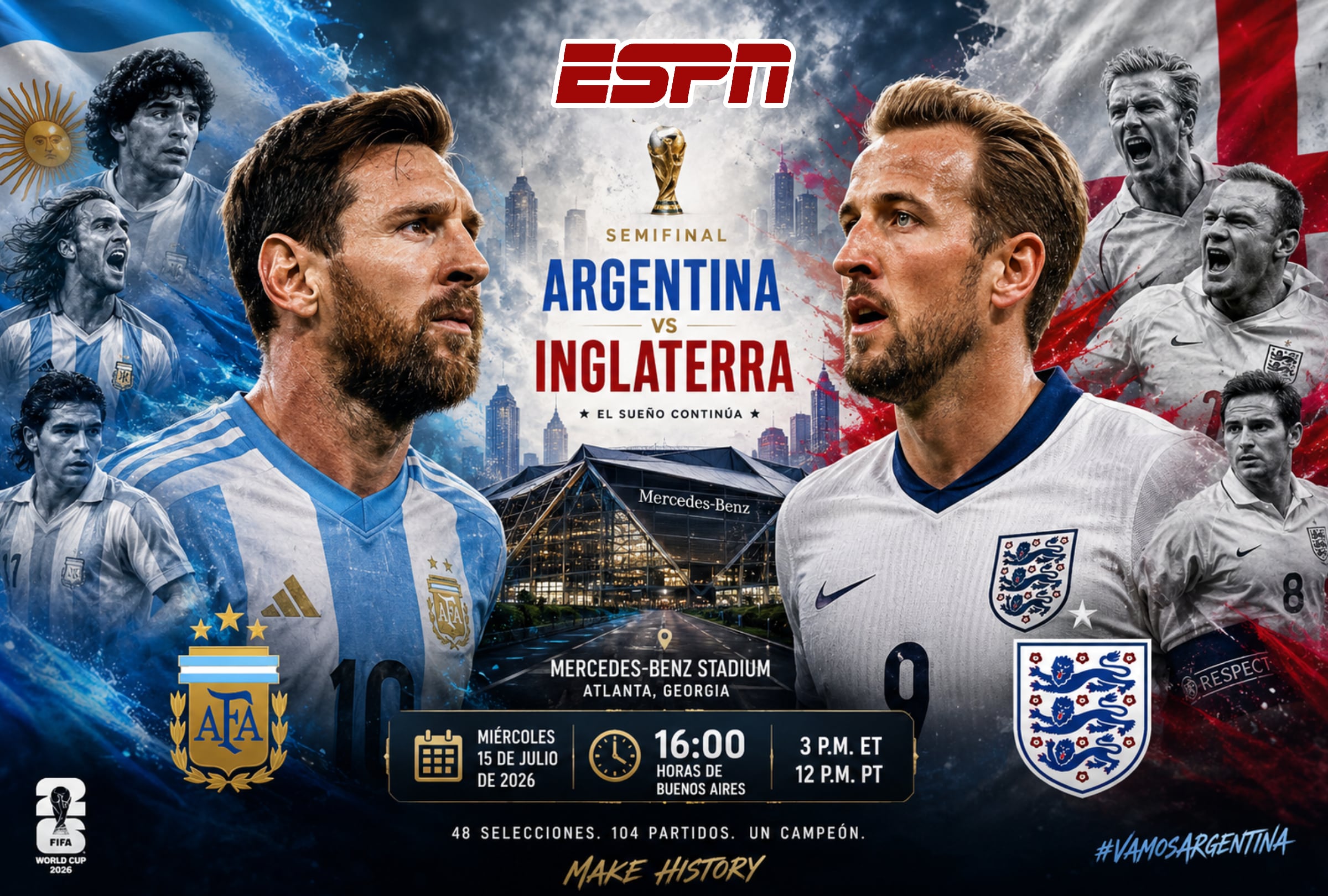 ATLANTA, GEORGIA (ESTADOS UNIDOS), 15/07/2026.- Cobertura oficial de TELEFE EN VIVO GRATIS para ver el partido Argentina vs. Inglaterra hoy por la semifinal del Mundial 2026 en el Mercedes Benz Stadium de Atlanta, Georgia. FOTO DE NOÉ YACTAYO