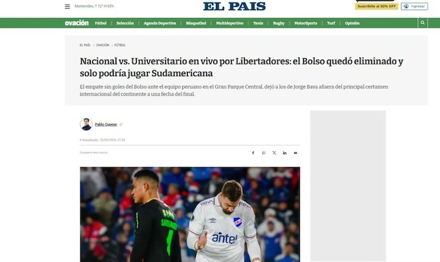 La reacción de la prensa uruguaya al empate entre Universitario vs. Nacional por la Copa Libertadores 2026. (Imagen: Captura)
