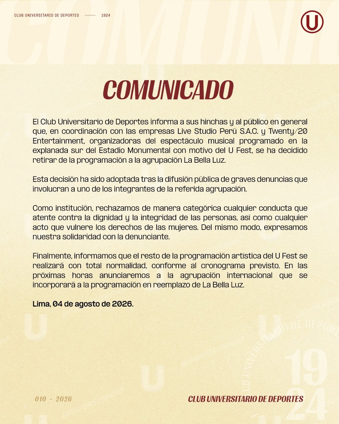 Comunicado de Universitario de Deportes en sus redes sociales. (Foto: @Universitario)
