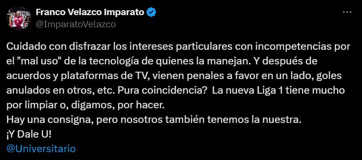 Mensaje de Franco Velazco en su cuenta de X.