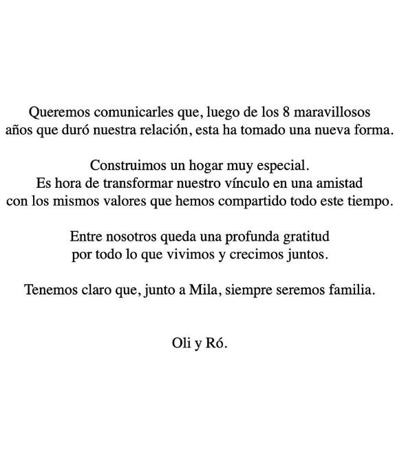 El comunicado de la pareja en Instagram (Foto: Roberto Manrique y Oliver Ranft/Instagram)
