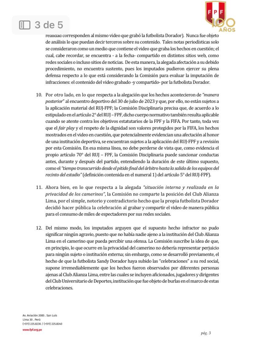 La Resolución de la Comisión Disciplinaria de la FPF. (Foto: FPF)