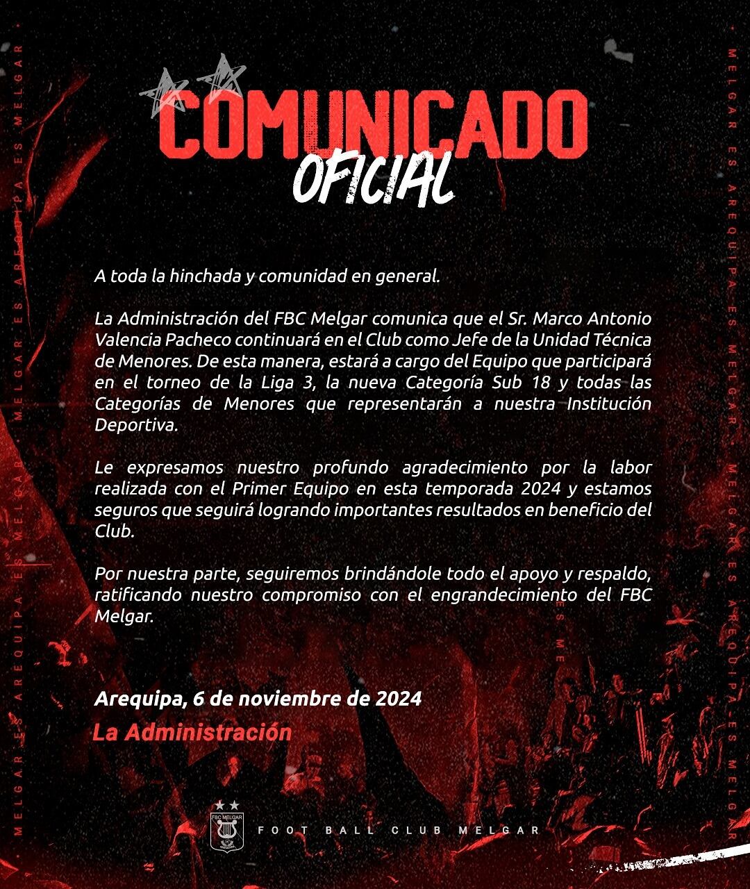 Comunicado de Melgar sobre Marco Valencia. (Instagram)