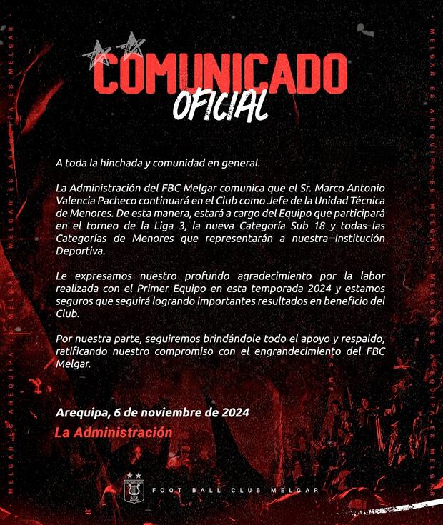 Comunicado de Melgar sobre Marco Valencia. (Instagram)