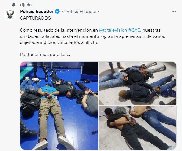 La Policía de Ecuador ingresó al canal de TV ocupado por hombres armados y detuvo a varios individuos (Foto: @PoliciaEcuador).