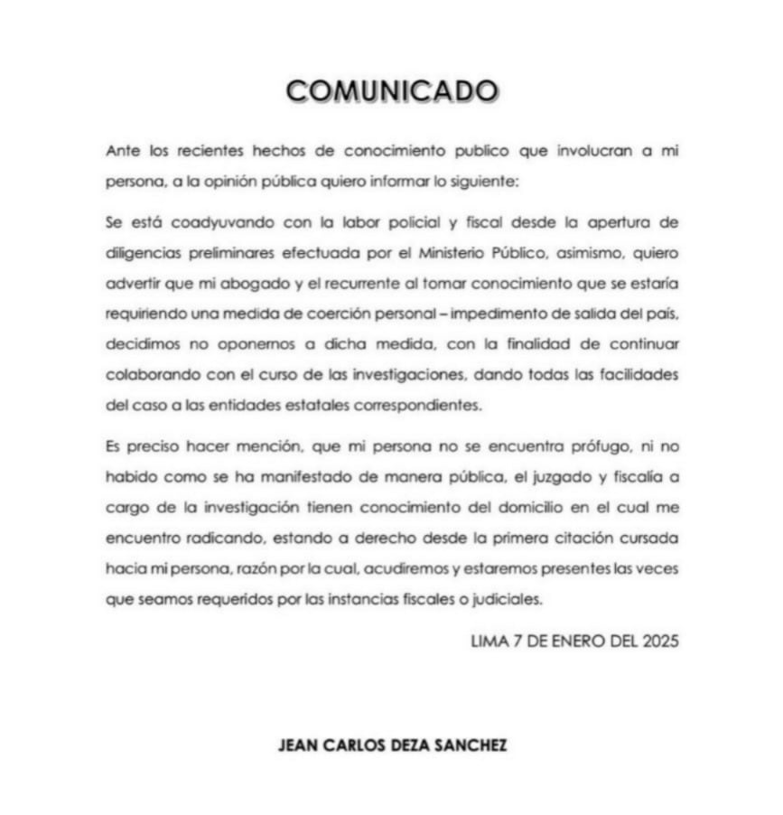 El comunicado de Jean Deza. (Imagen: Instagram)