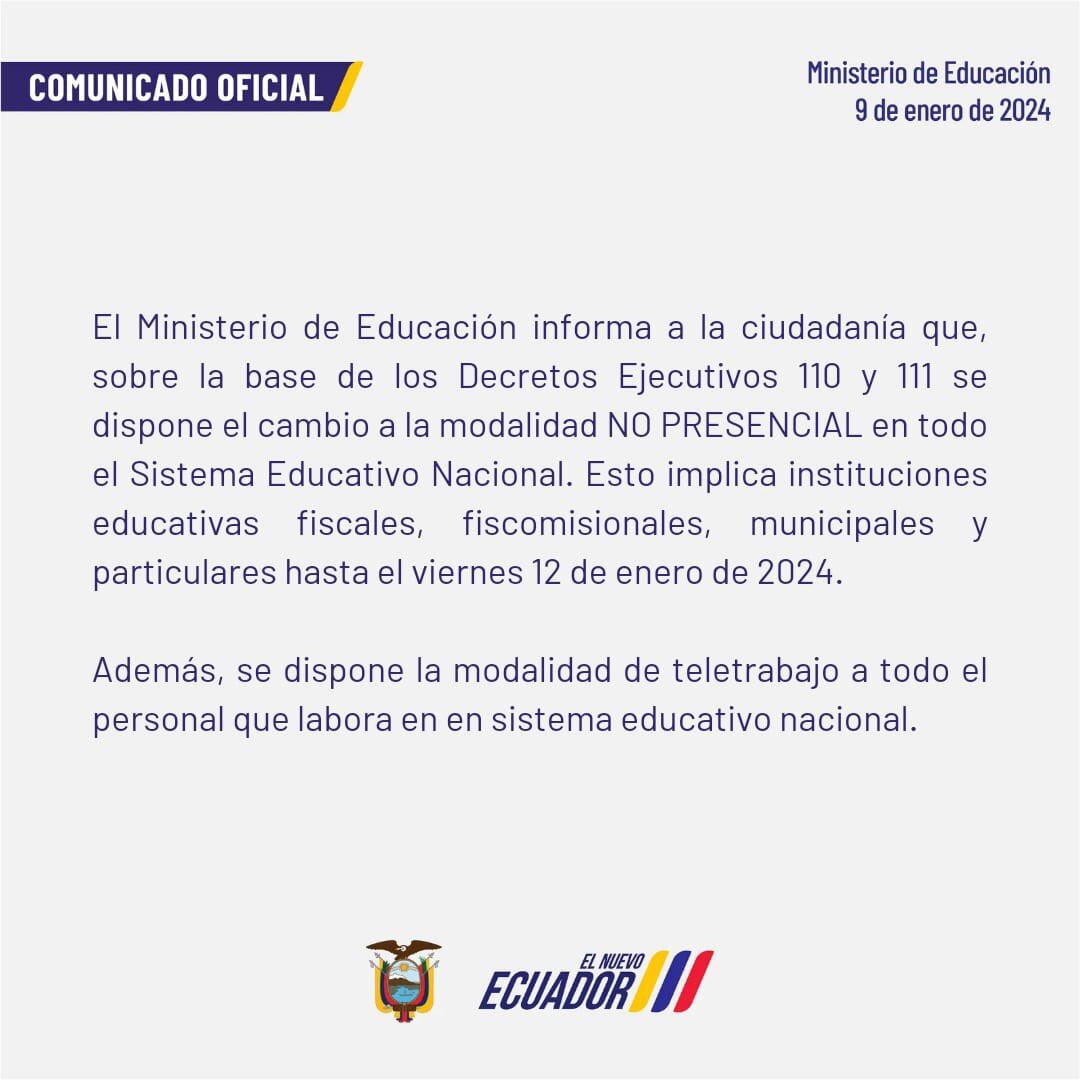 Comunicado oficial del Ministerio de Educación del Ecuador (Foto: @Educacion_Ec).