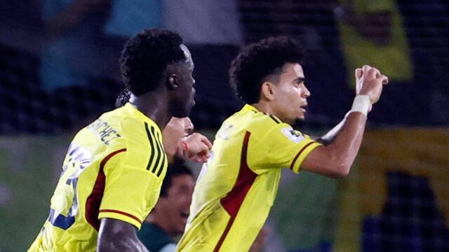 Luis Díaz celebrates one of his two goals against Brazil