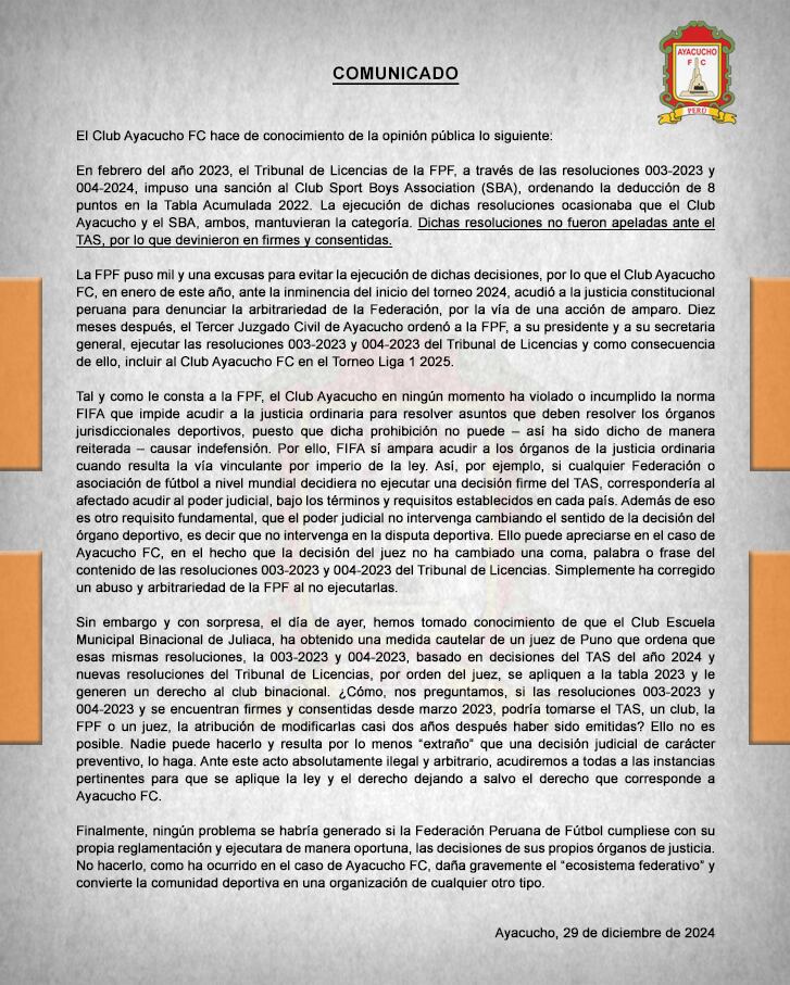 El comunicado de Ayacucho FC en respuesta a la FPF. (Foto: Ayacucho FC).