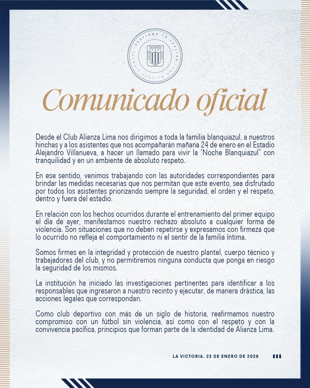 Comunicado oficial de Alianza Lima sobre los actos ocurridos en MAtute | Foto: AL