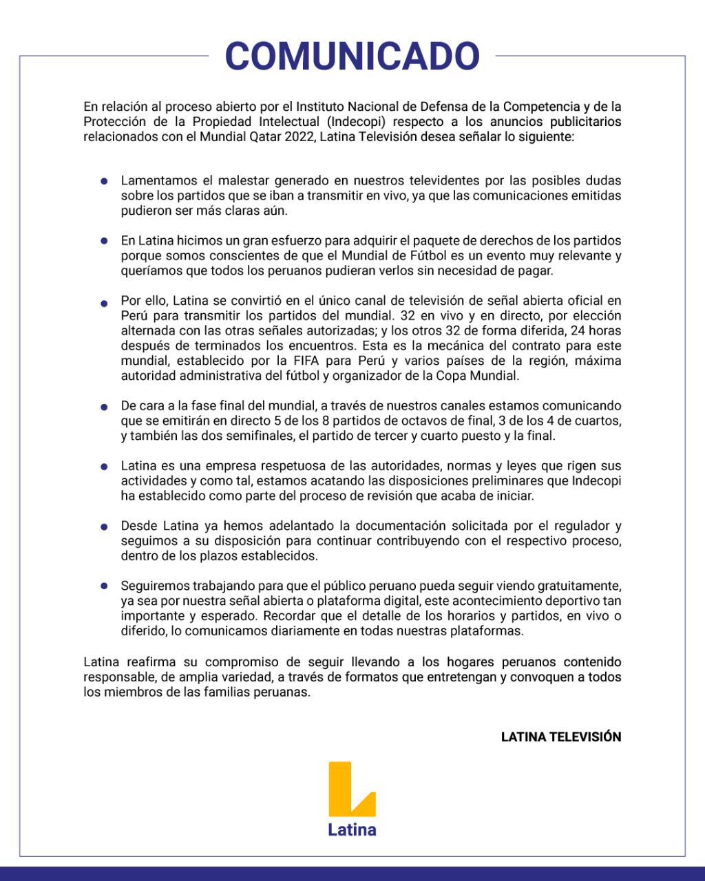 Comunicado de Latina sobre la transmisión del Mundial.