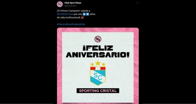 Sport Boys saludó a Sporting Cristal por su aniversario. (Foto: Twitter)