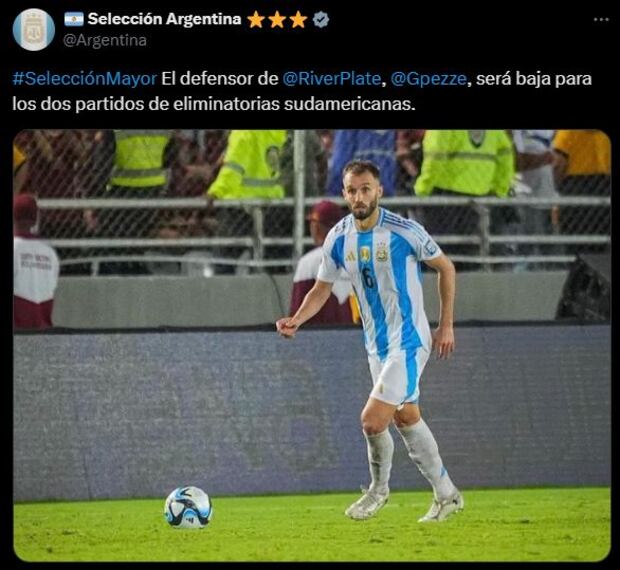 El anuncio de la baja de Germán Pezzella para la fecha doble de noviembre.