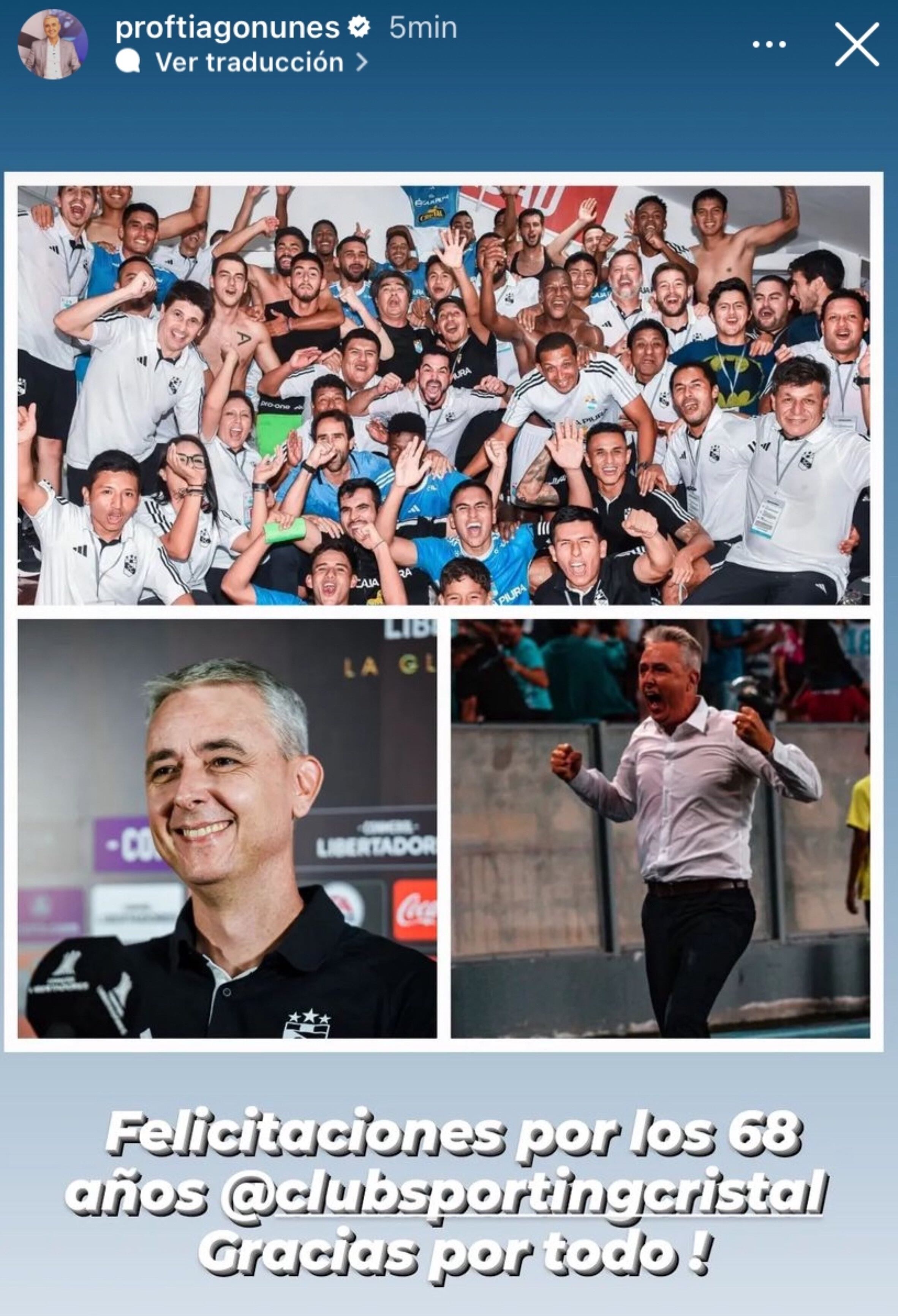 El saludo de Tiago Nunes por el aniversario de Sporting Cristal (Captura)