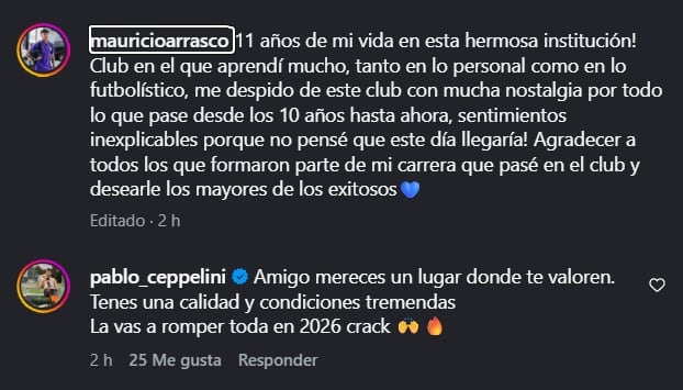 Pablo Ceppelini dejó mensaje a Mauricio Arrasco en su despedida de Alianza Lima. (Captura: Instagram)