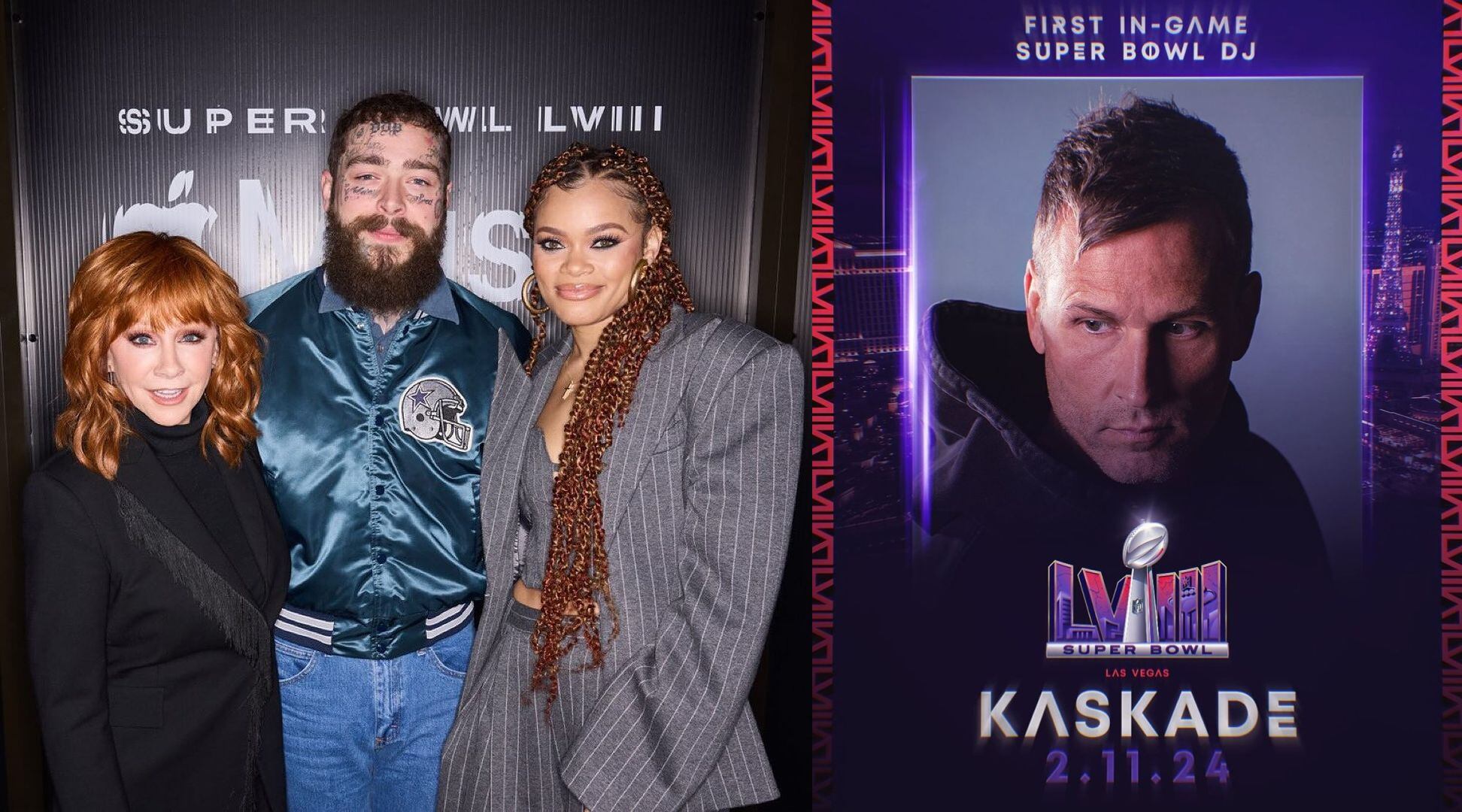 From left to right: Reba McEntire, Post Malone, Andra Day and Kaskade will be performing in the pre-game of the Super Bowl LVIII. | Photo by @lvsuperbowlhc / Instagram