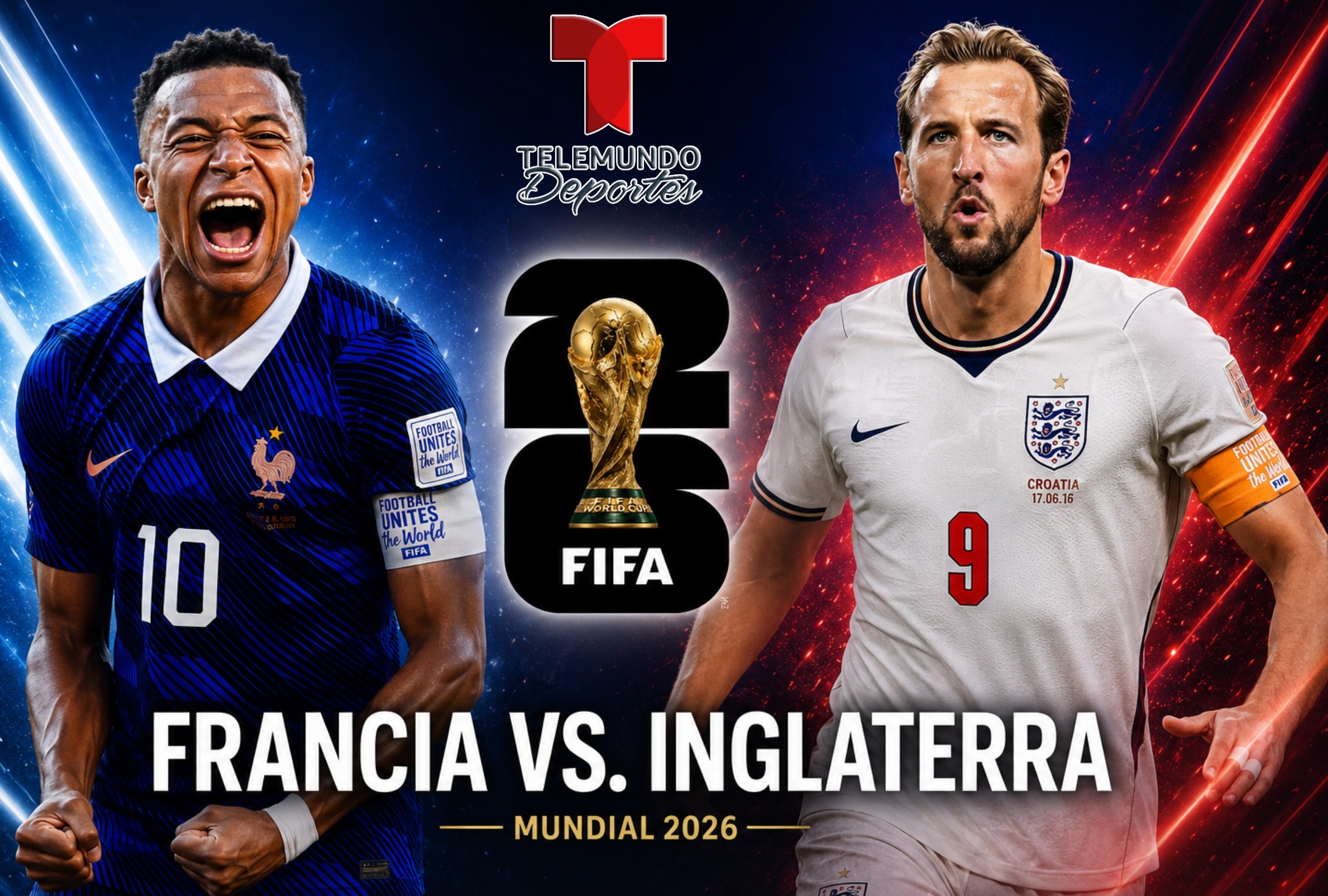 MIAMI, FLORIDA, (ESTADOS UNIDOS), 18/07/2026.- Telemundo Deportes te llevará EN VIVO el partido de Inglaterra vs. Francia hoy sábado 18 de julio por el tercer puesto del Mundial 2026 desde el Hard Rock Stadium, Miami, Florida, Estados Unidos. Foto: Imagen creada por ChatGPT.
