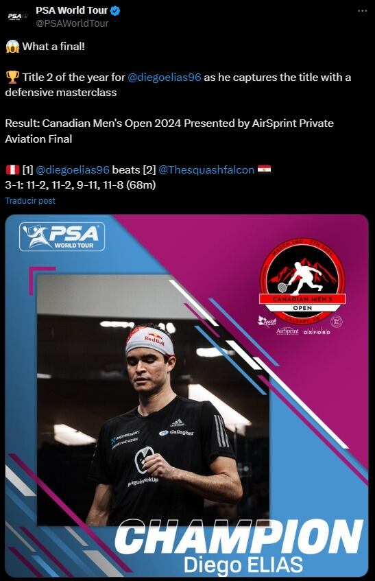 Diego Elías es campeón del Canadian Open 2024 de Squash. (Foto: @PSAWorldTour).