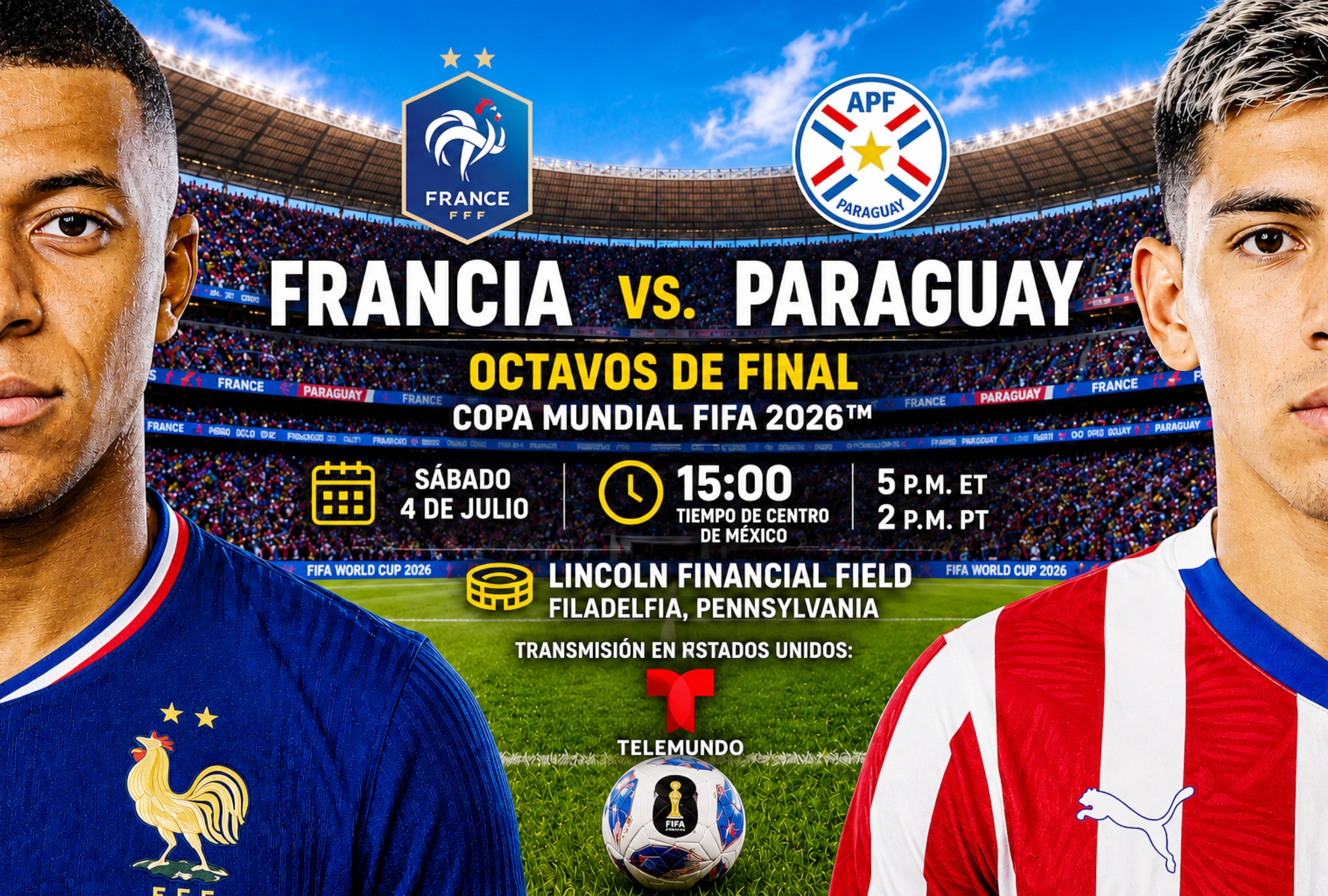 FILADELFIA, PENSILVANIA (ESTADOS UNIDOS), 04/07/2026.- Cobertura oficial de TELEMUNDO DEPORTES (PEACOCK TV) EN VIVO GRATIS para ver el partido Paraguay vs. Francia hoy por los octavos de final del Mundial 2026 en el Estadio Lincoln Financial Field de Filadelfia, Pensilvania. FOTOS DE ODD ANDERSEN y CHARLY TRIBALLEAU PARA AFP