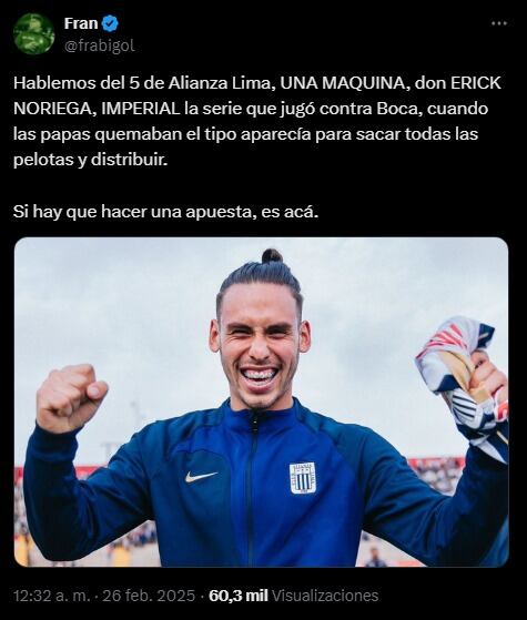 Hinchas de River Plate destacan el nivel de Erick Noriega. (Imagen: Captura de X)