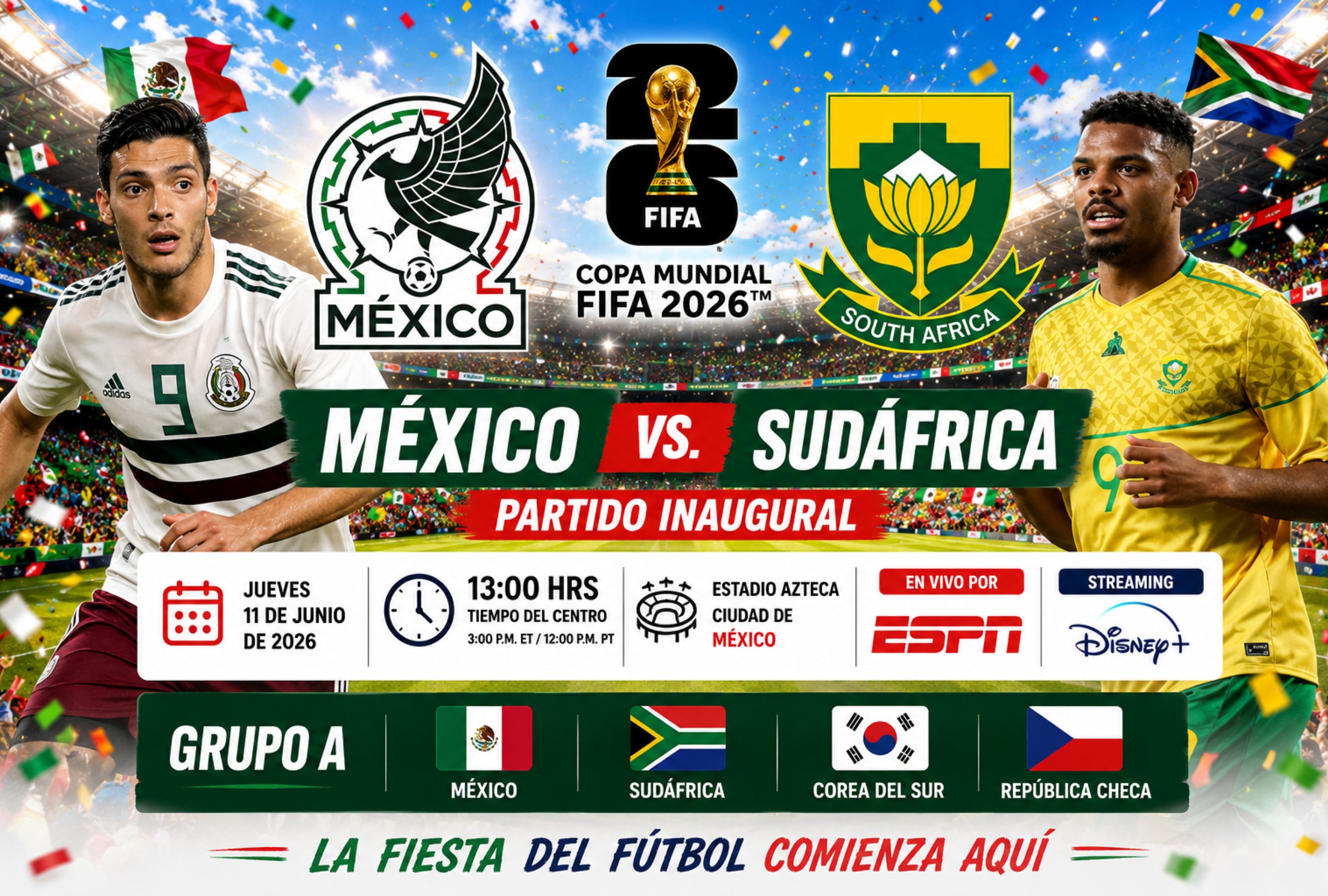 CIUDAD DE MÉXICO (MÉXICO), 11/06/2026.- Cobertura oficial de ESPN EN VIVO ONLINE para ver el partido entre México y Sudáfrica este jueves 11 de junio por la jornada 1 del grupo A de la Copa Mundial de Fútbol 2026 en el Estadio Azteca . FOTO DE NOÉ YACTAYO CREADA CON IA DE CHAT GPT PARA DEPOR.COM