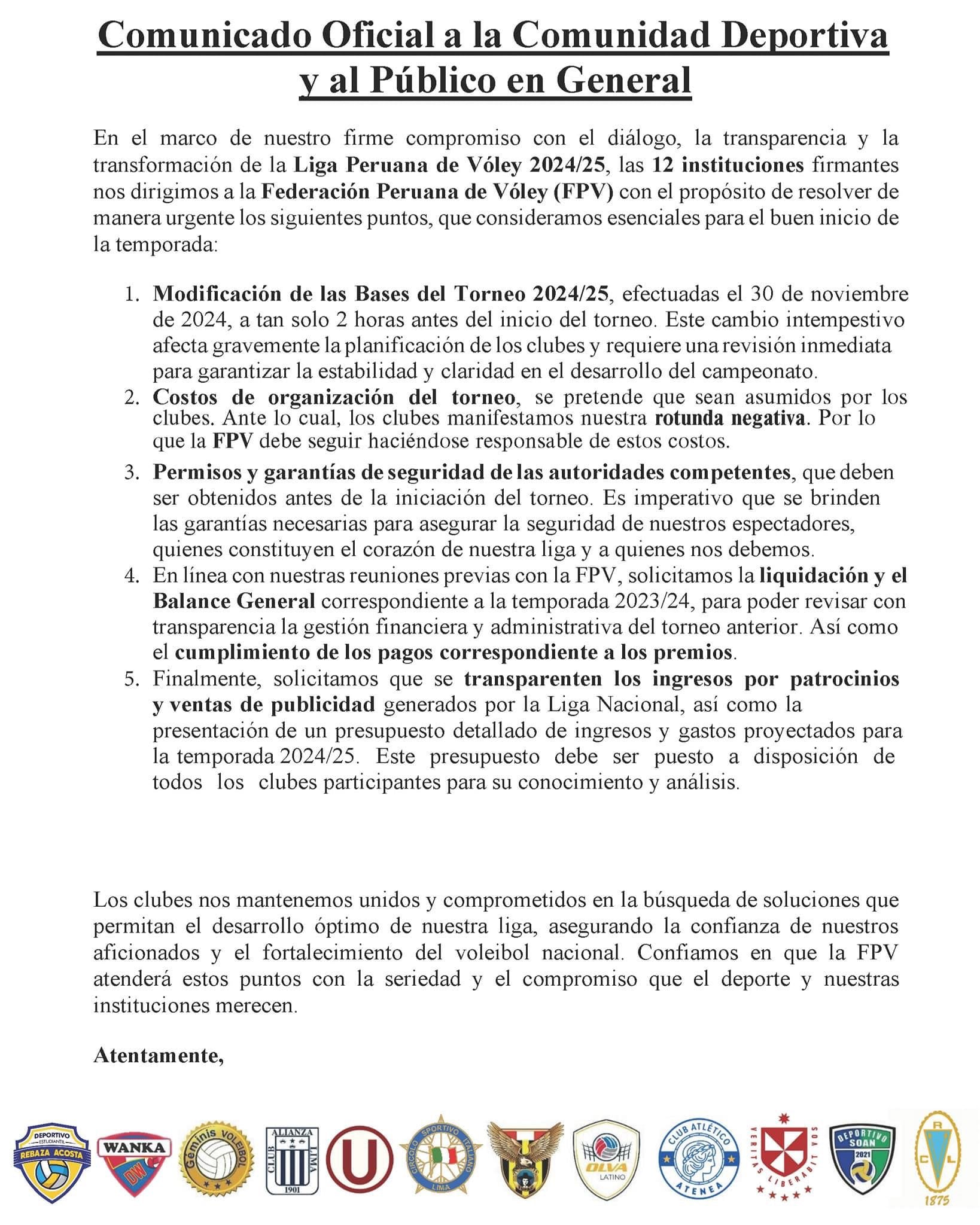 Los clubes de la LNSV se pronunciaron ante la FPV. (Foto: Difusión)