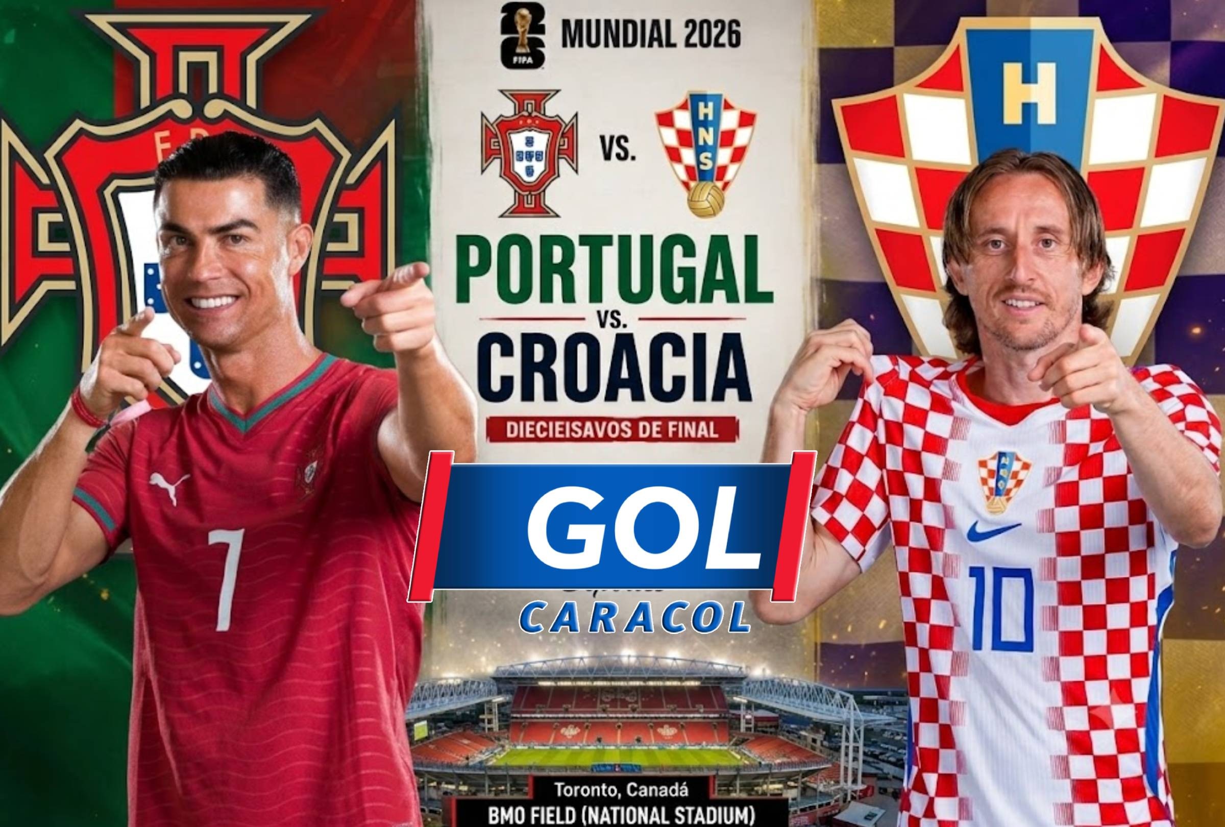TORONTO, ONTARIO, (CANADÁ), 2/07/2026.- GOL Caracol te llevará EN VIVO el partido de Portugal vs. Croacia este jueves 2 de julio por los 16avos de final del Mundial 2026 desde BMO Field, Toronto, Canadá. Imagen creada por Gemini.