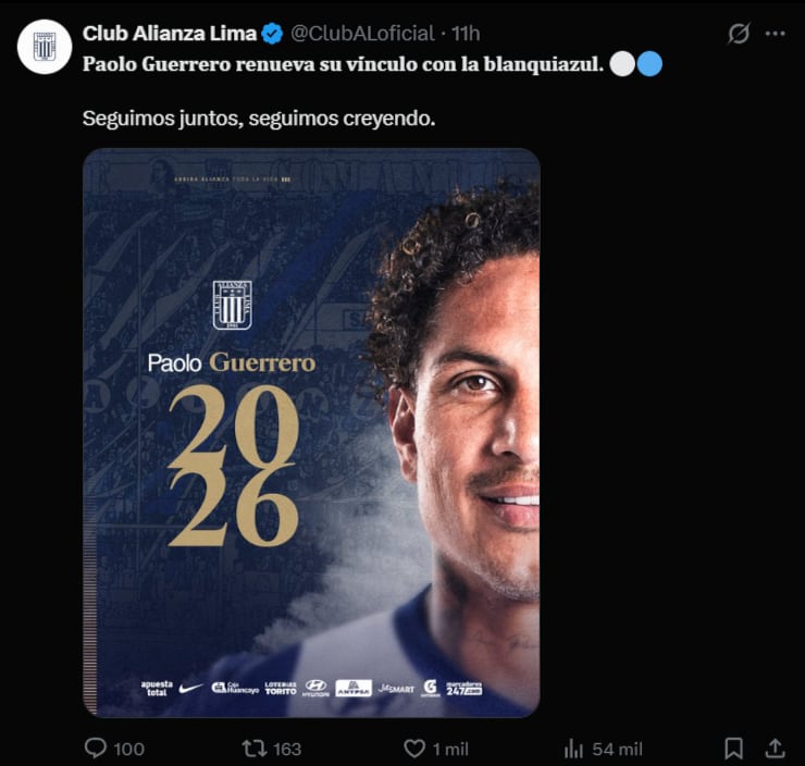 Alianza Lima renovó el vínculo con Paolo Guerrero por todo el 2026. (Foto: Captura X)